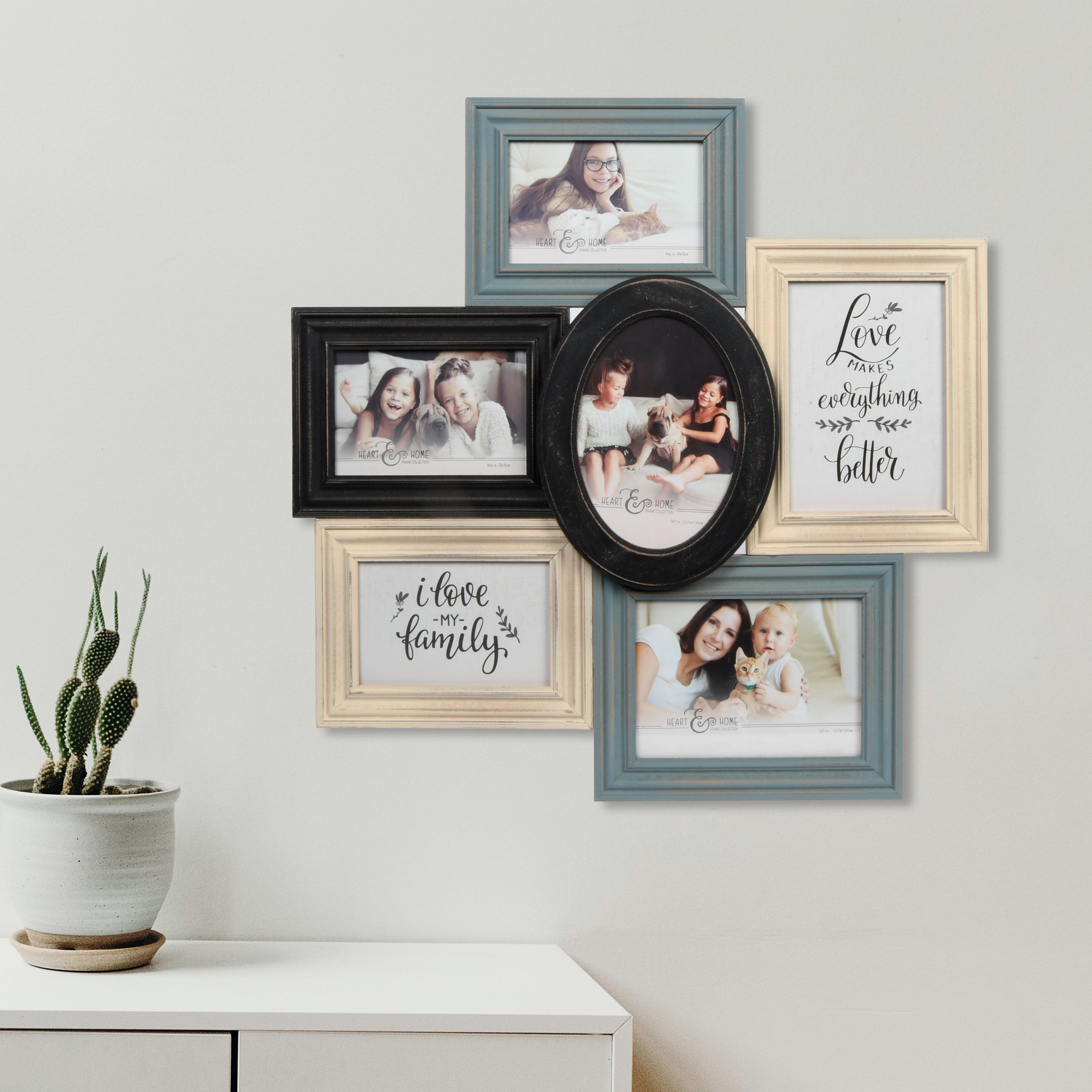 Multi-Shaped Wood 6 Opening Collage Picture Frame, Gray-Ivory