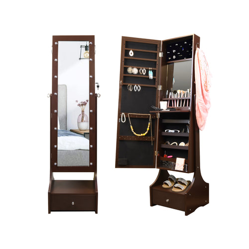 60” Jewelry Organizer Armoire with Full-Length Lighted Mirror, Makeup Storage and Hooks, Brown