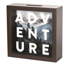 Load image into Gallery viewer, 6x6 Adventure Fund Glass Front Shadow Box Bank, Brown