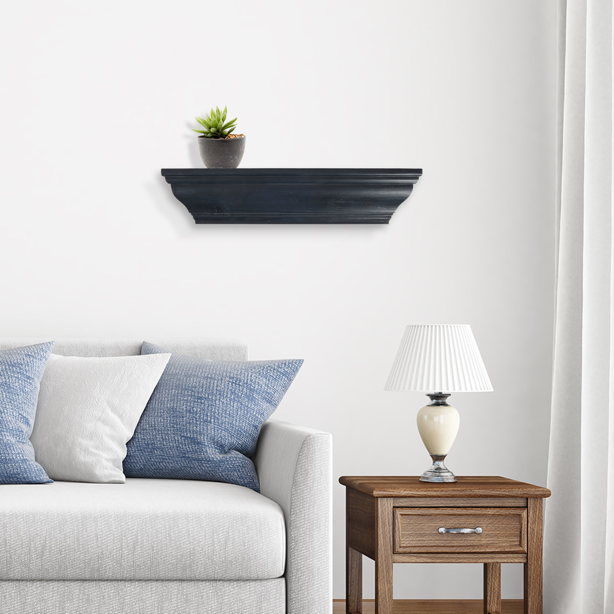 Black Wash 24'' Crown Molding Wood Shelf, Contemporary Floating Wall Shelf