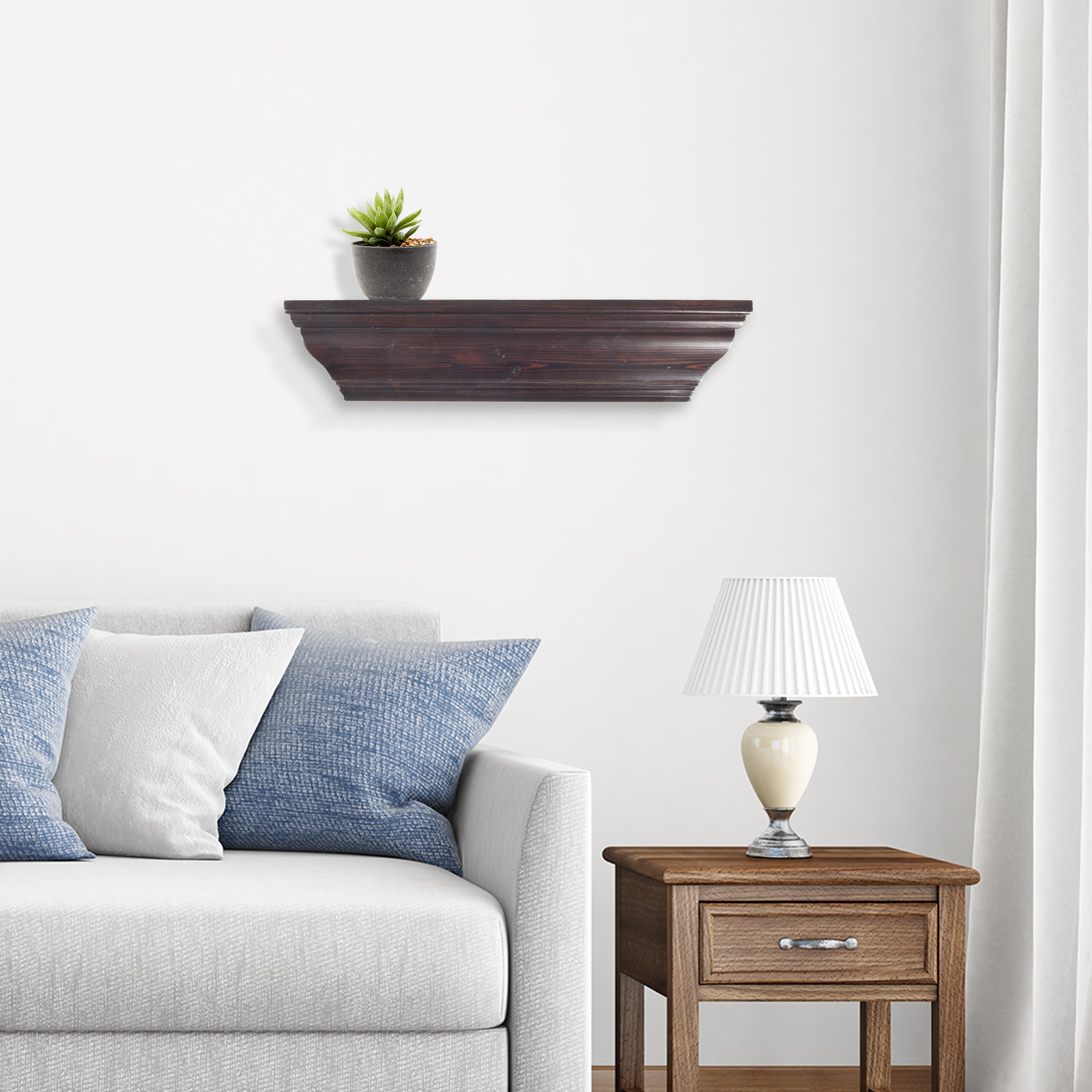Brown 24'' Crown Molding Wood Shelf, Contemporary Floating Wall Shelf