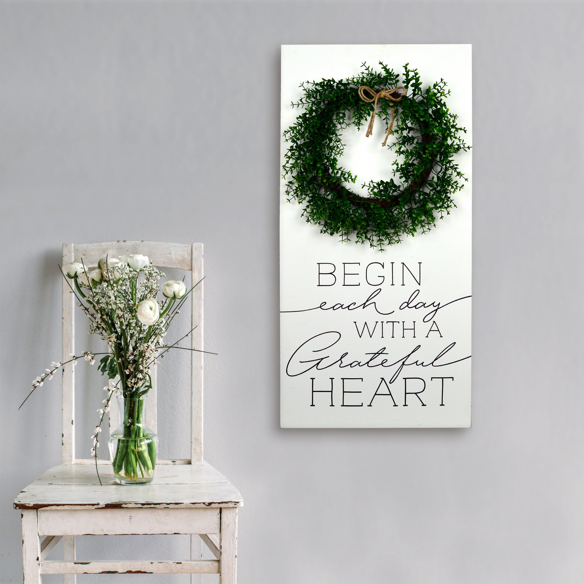New View Studio 18"x 36" Begin Each Day Wood Box with Faux Greenery Wall Art