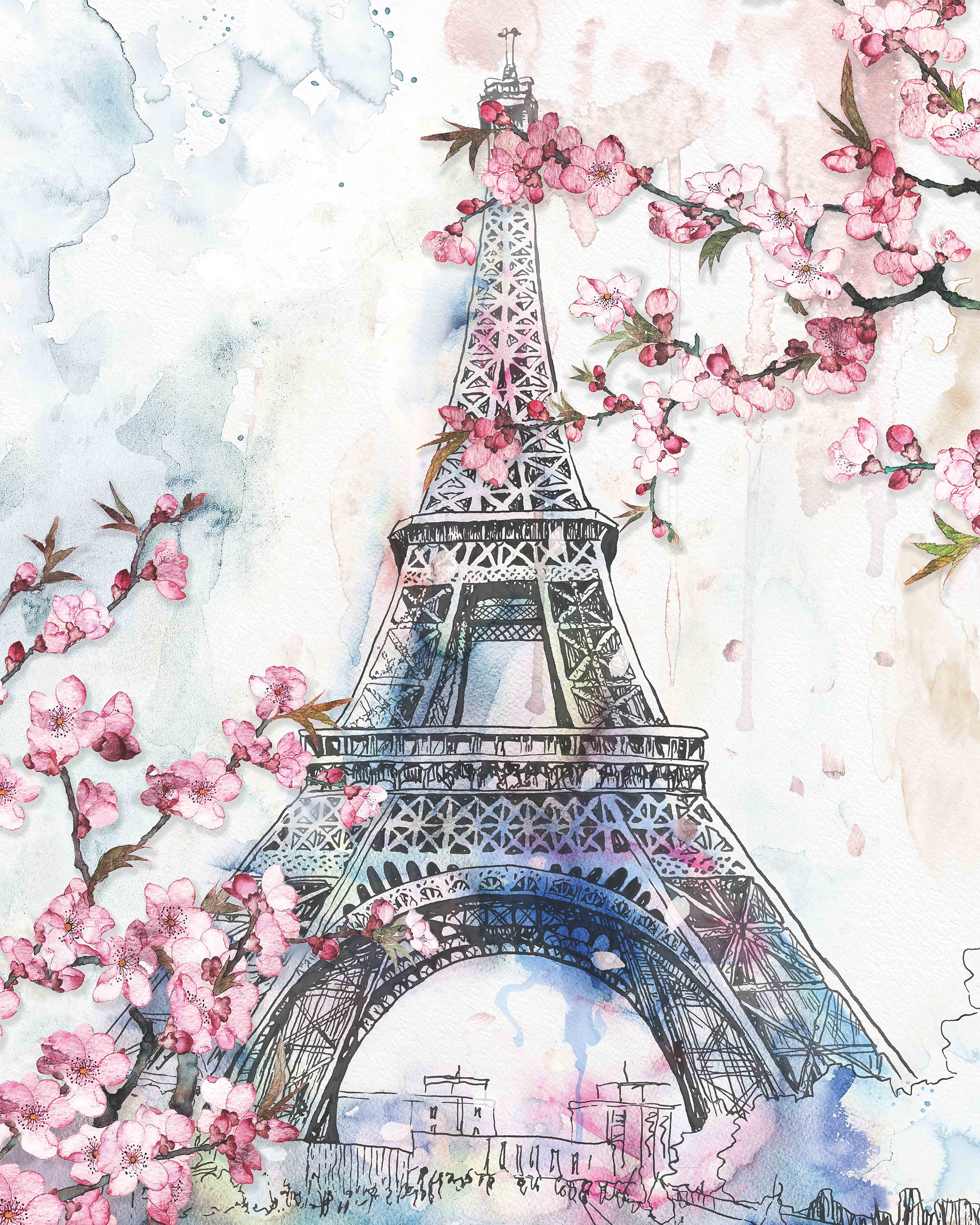 16-inch by 20-inch Cherry Blossoms in Paris Wrapped Canvas Wall Art